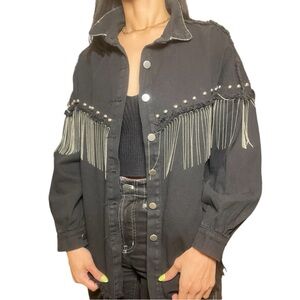 Black Denim Western Studded Fringe Jacket Medium
